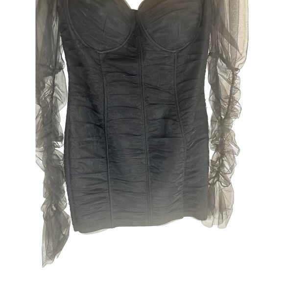 Donnée Par Dieu Women's Sheer Sleeve Ruched Mini Dress Black Elegant Partywear M - Picture 2 of 16